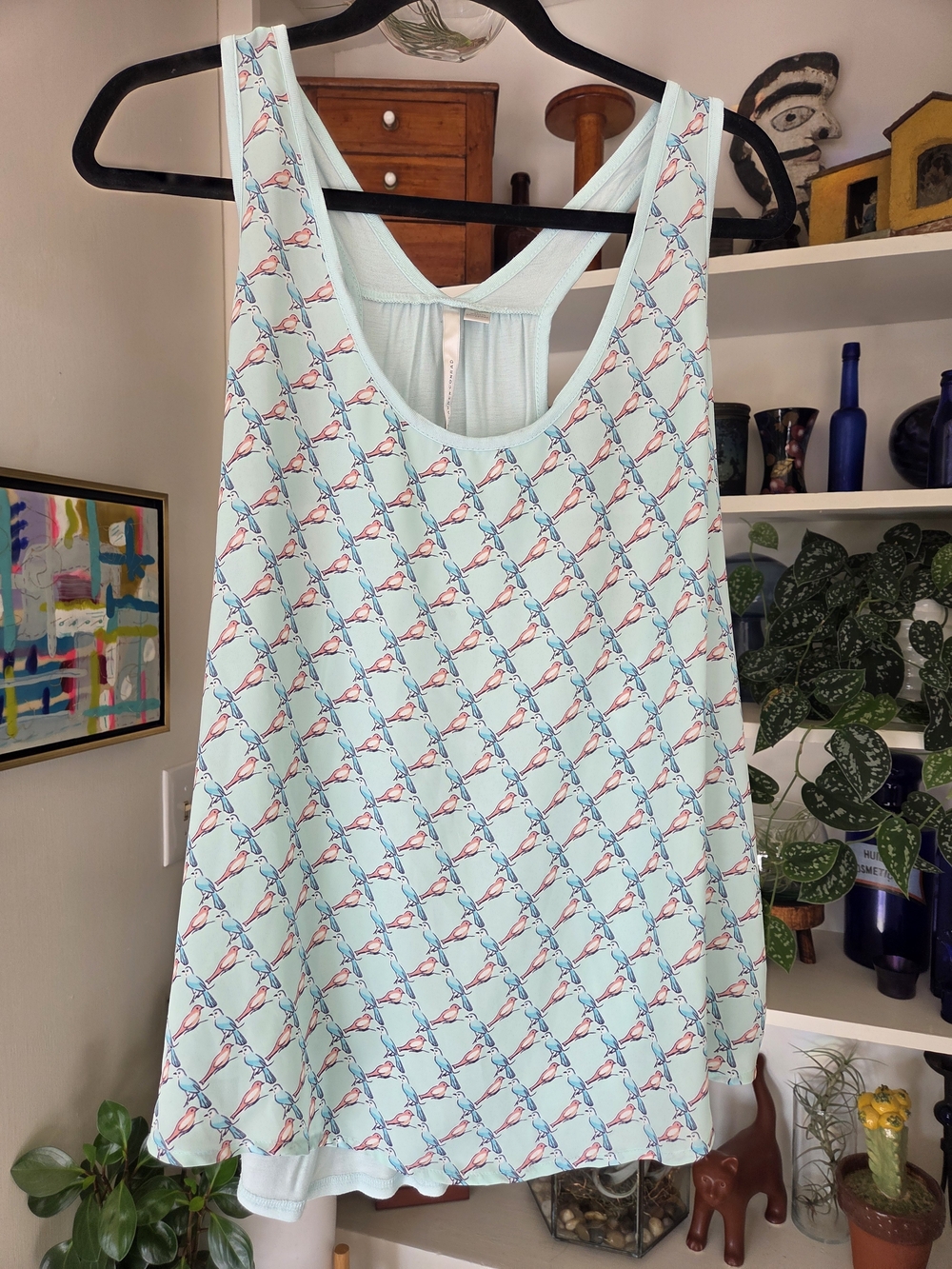 LC Lauren Conrad Light Aqua Bird Pattern Tank